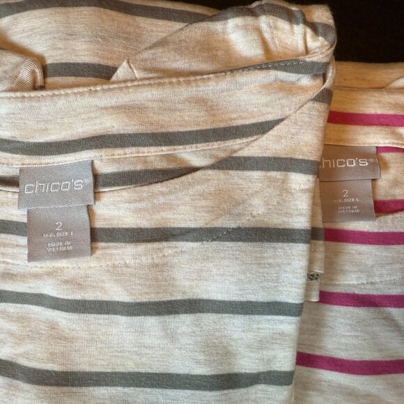 Lot of 2 Chicos Sz 2 (12) Pull Over Pretty Shade Beige Pink Green striped Tops - Picture 9 of 9